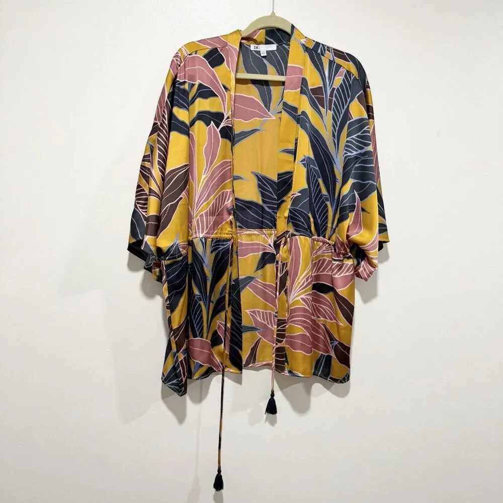 DR2 Daniel Rainn Tropical Floral Leaves Kimono Swim Cover Up Women Size Small